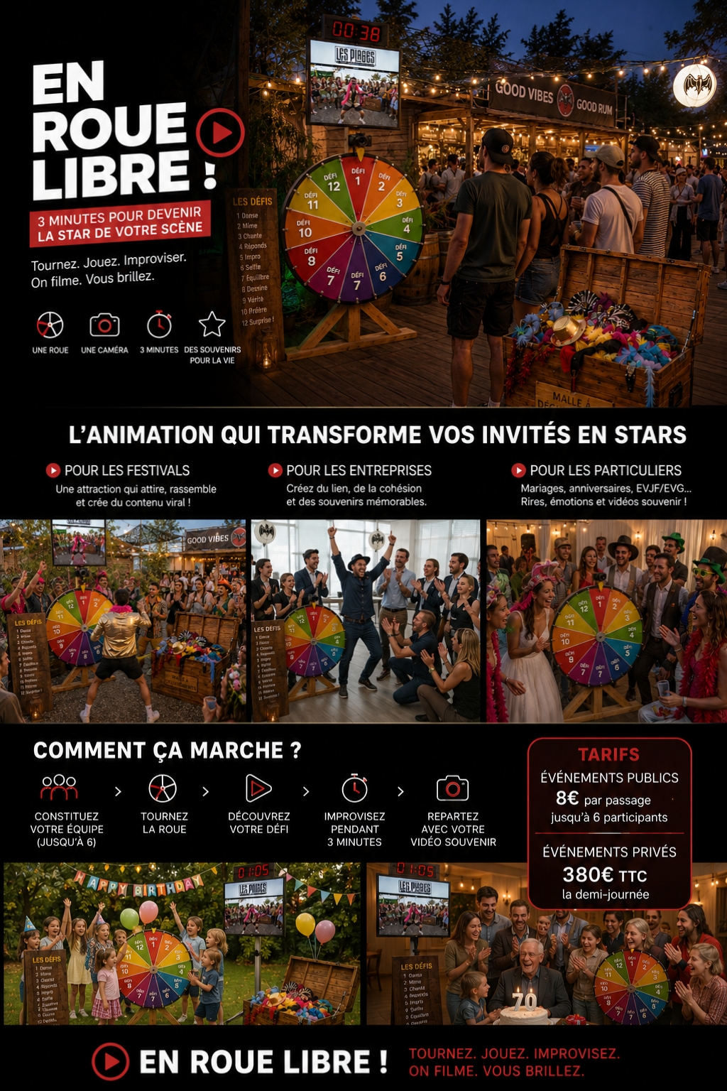 En Roue Libre, animation vidéo avec roue des défis, caméra, timer, déguisements et vidéo souvenir pour festivals, entreprises et particuliers
