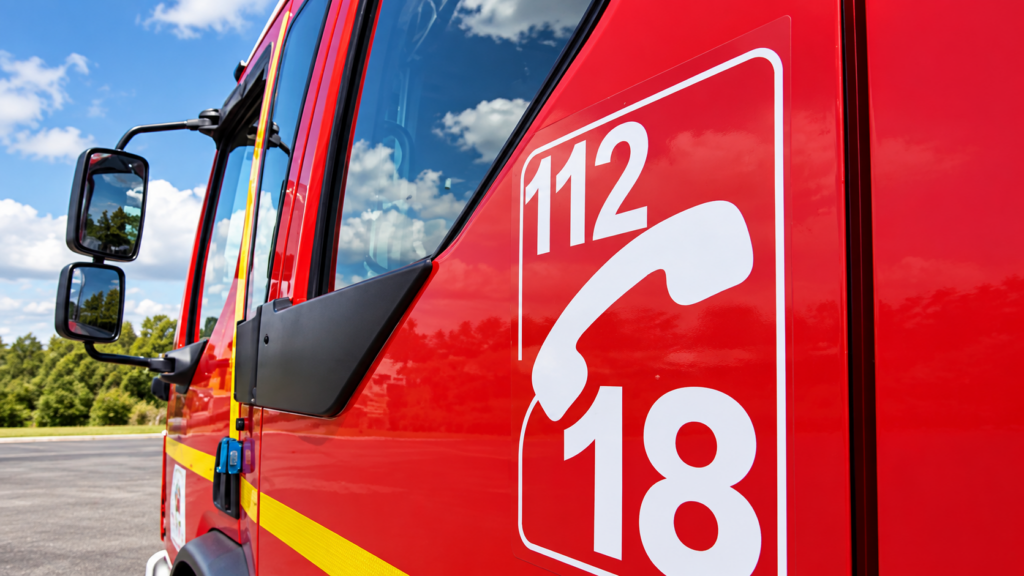 Portière d'un camion de pompiers rouge avec les numéros d'urgence 112 et 18