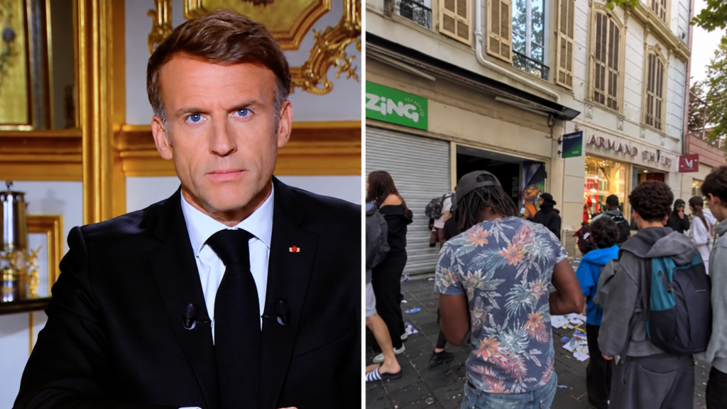 Montage : Emmanuel Macron lors de son allocution télévisée, et une rue commerçante jonchée de débris avec des jeunes devant une boutique