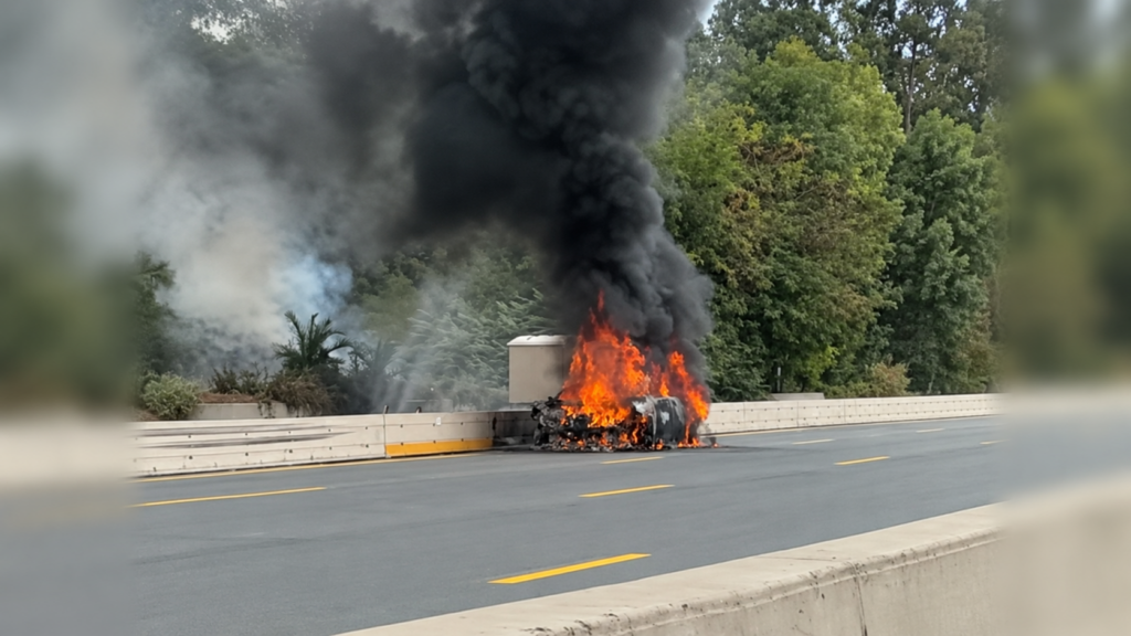 Une voiture en feu sur l'autoroute A8 à hauteur de Saint-Laurent-du-Var