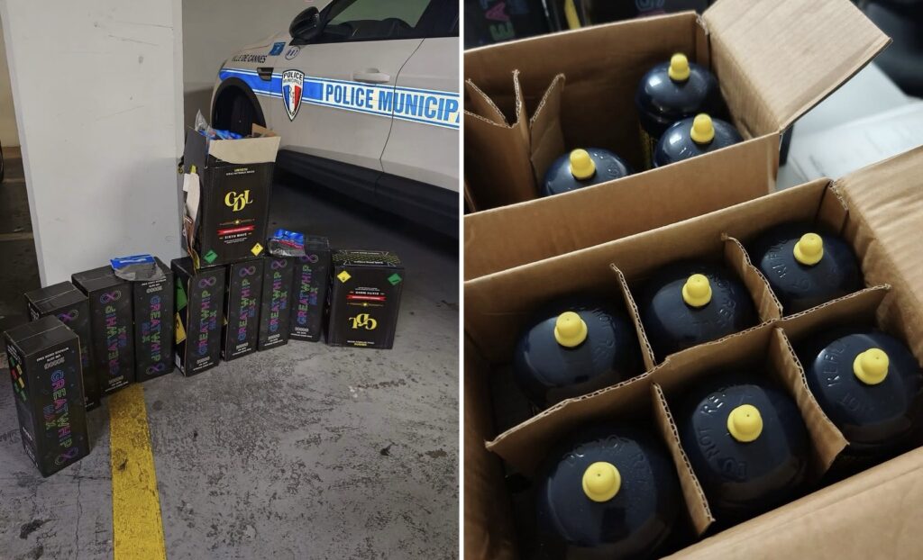 Bonbonnes de protoxyde d'azote saisies par la police municipale, cartons alignés dans un parking à côté d'un véhicule de police municipale